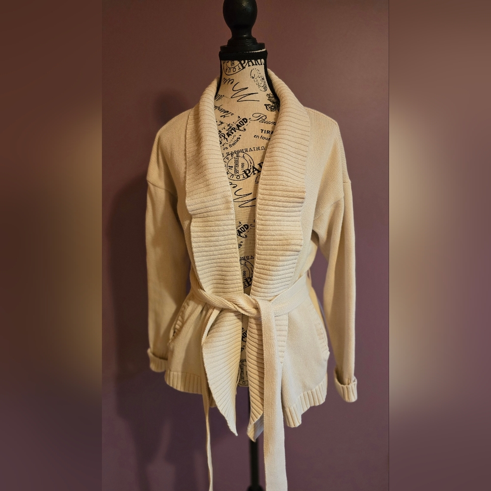 LOFT Cream Shawl Collar Belted Cardigan